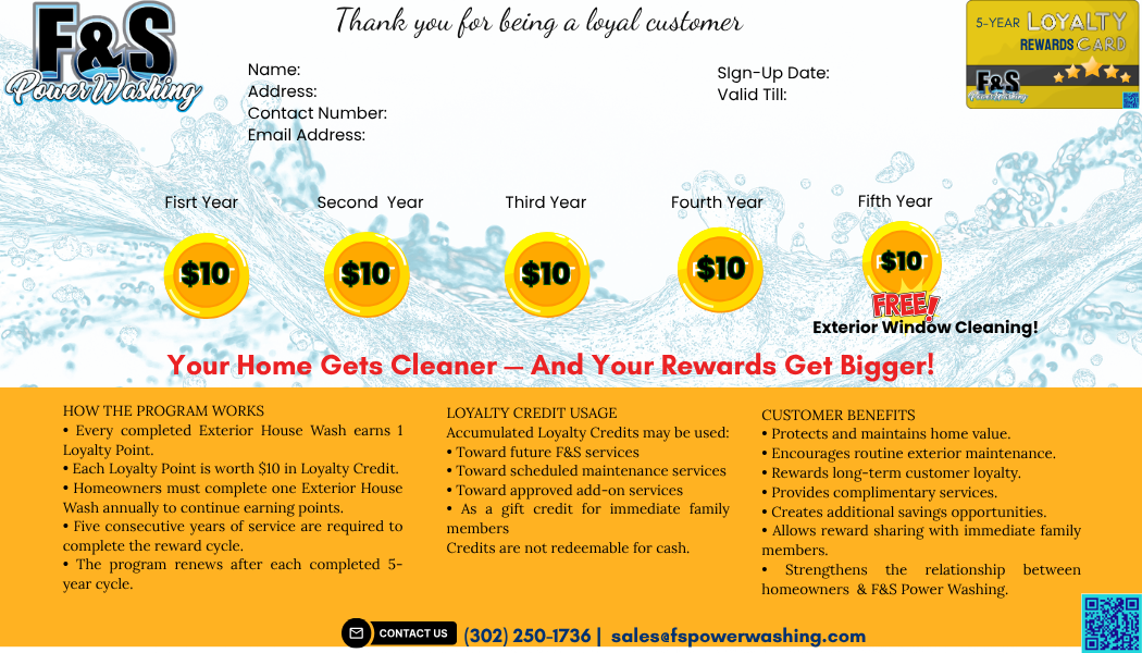5-Year loyalty rewards card for F&S Power Washing, detailing customer benefits and accumulated loyalty credits