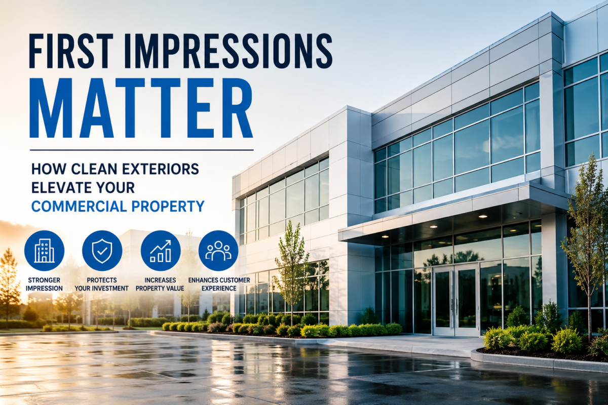 First Impressions Matter: Modern Commercial Building Exterior Emphasizing the Importance of Clean Surfaces to Enhance
