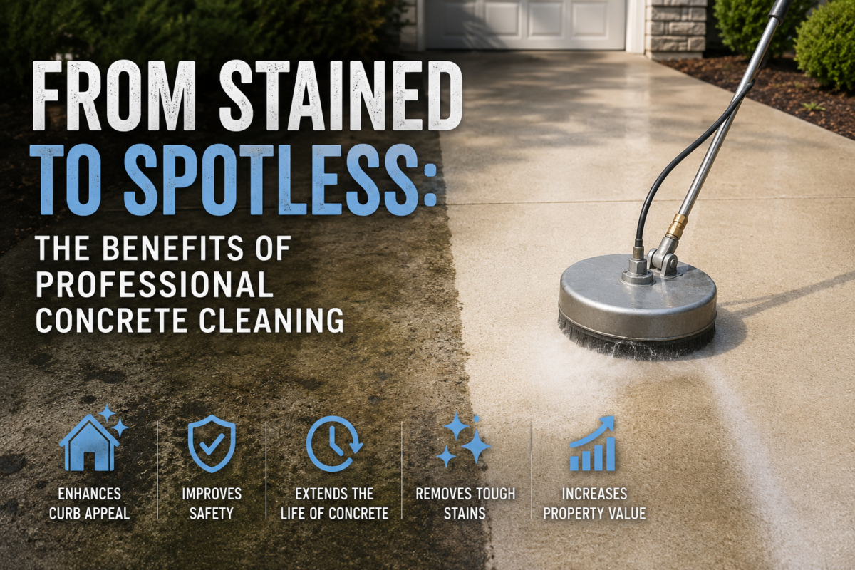 Professional Concrete Cleaning Service in Action, Showcasing a Cleaning Machine Removing Tough Stains from a