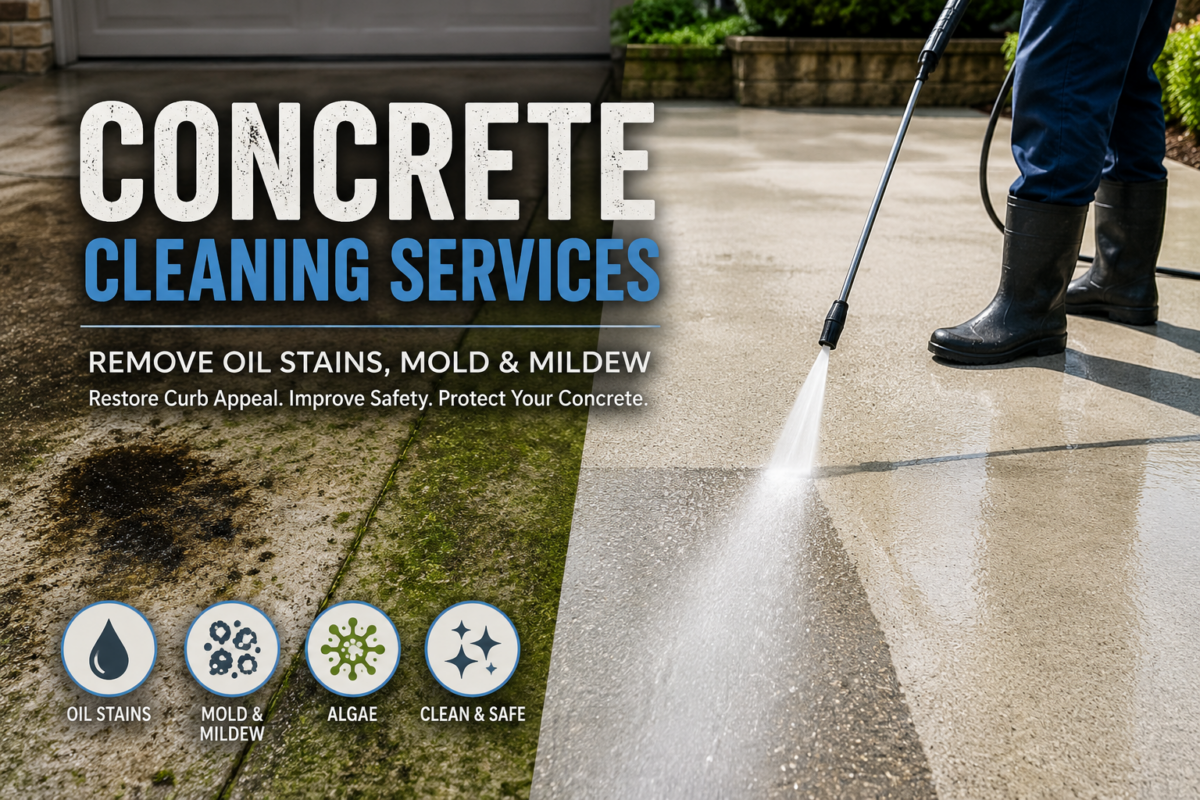 Power Washing Services Removing Oil Stains, Mold, and Mildew from a Concrete Driveway, Restoring Curb