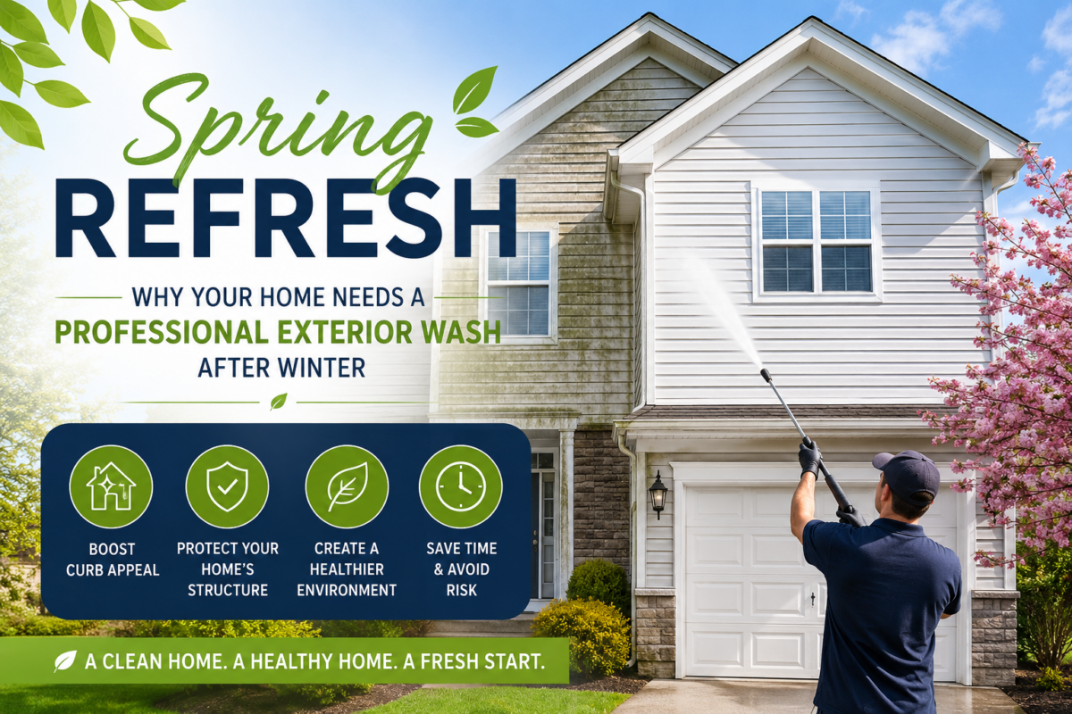 a Professional Power Washer Cleans a Bright, White House with a Spray of Water, Illustrating