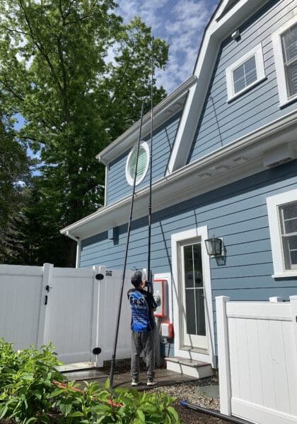 Gutter Cleaning Services by F & S Powerwashing Using the Skyvac Gutter Vacuum System with Camera-and-monitor Setup to Keep Our Staff Safe