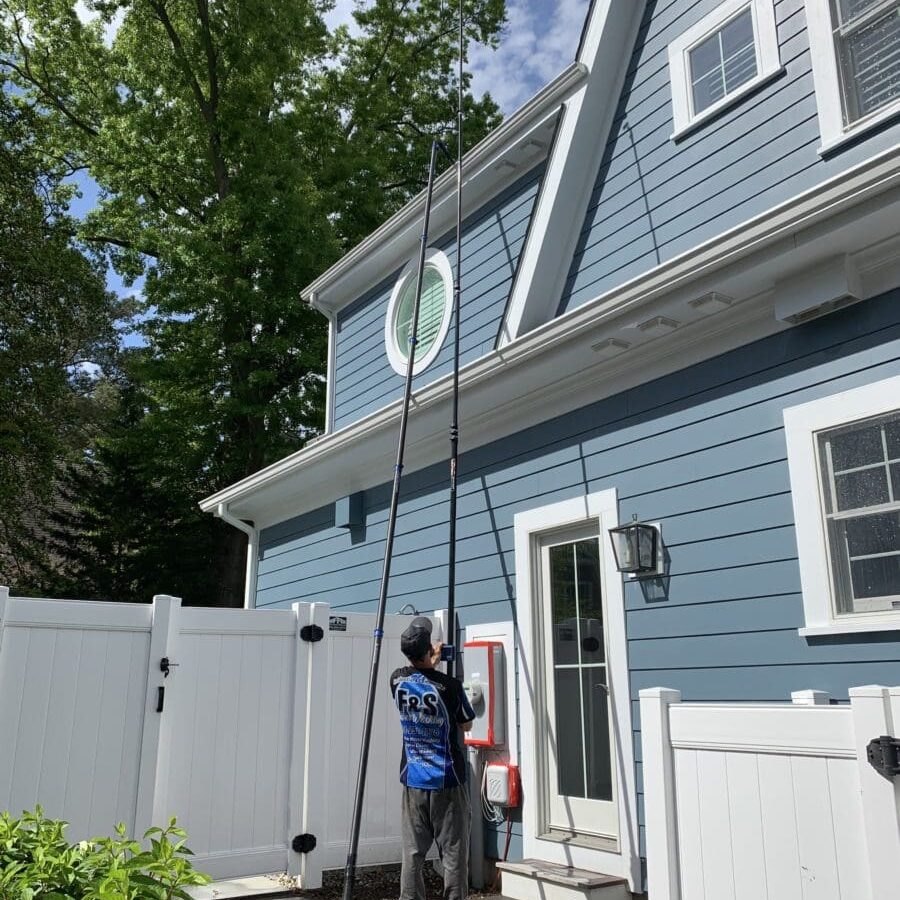 Gutter Cleaning Services by F & S Powerwashing Using the Skyvac Gutter Vacuum System with Camera-and-monitor Setup to Keep Our Staff Safe