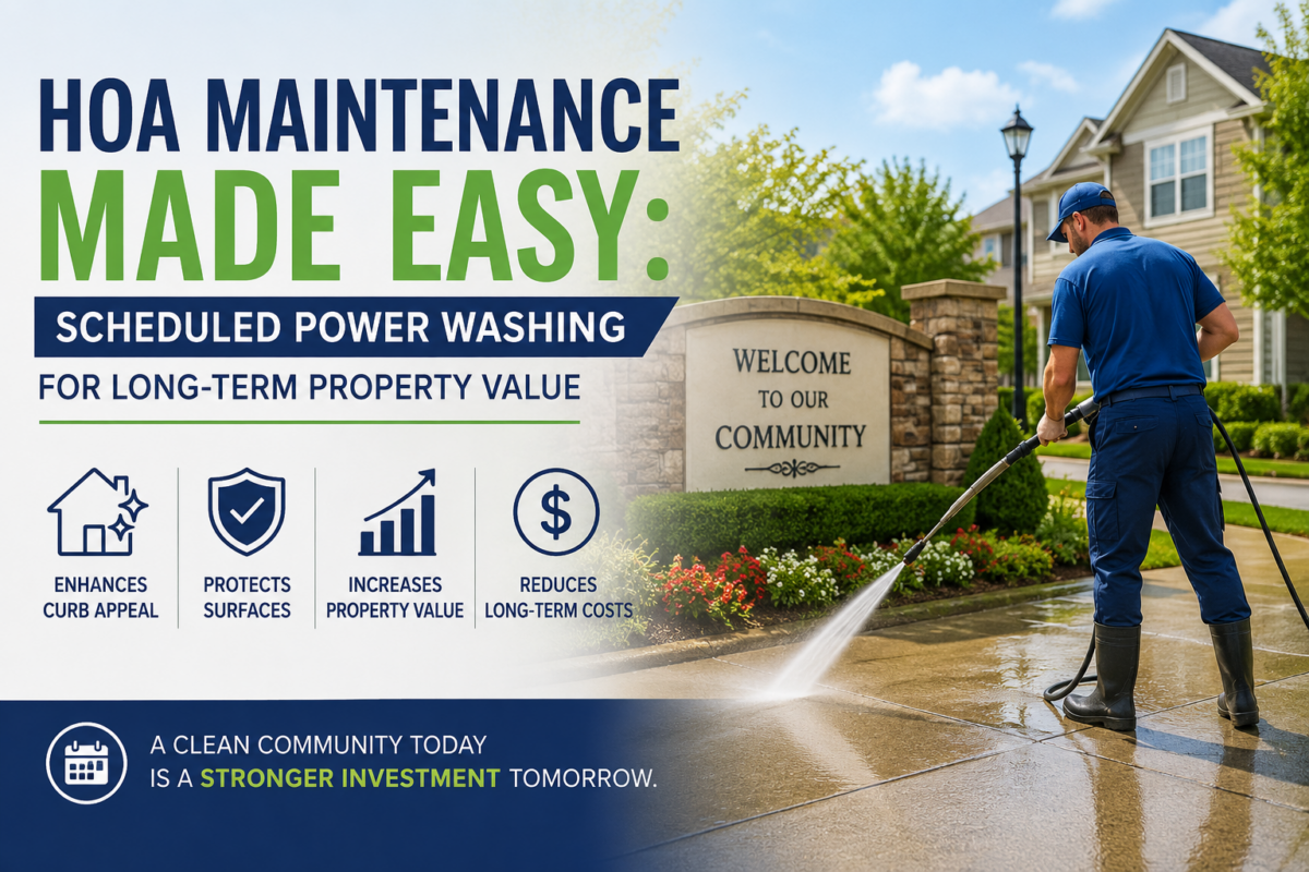 Power Washing a Community Entrance with a Sign Reading "welcome to Our Community" Showcasing Hoa